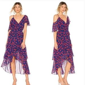Misa Los Angeles Loulou ruffled midi dress in navy blue‎ and red print size XS